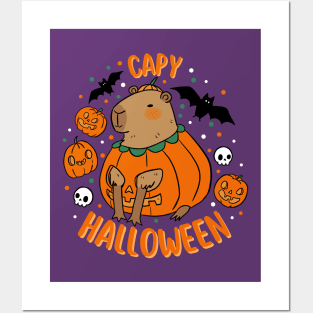 Happy Halloween a cute capybara in a pumpkin for Halloween Posters and Art